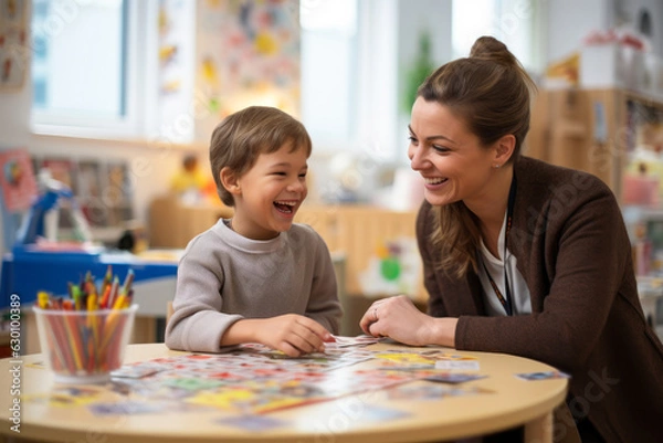 Fototapeta An inclusive speech therapist works with a child with an autism spectrum disorder generative ai