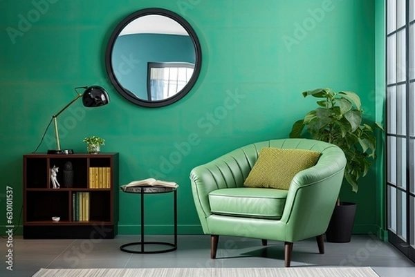 Fototapeta In the living room, there is a green armchair positioned against a blue wall. Adjacent to the armchair, there is a round mirror hanging on the wall. The interior design also includes a white wall