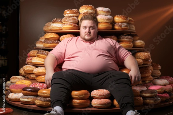 Fototapeta fat man in donuts, obesity love of sweets generative ai
