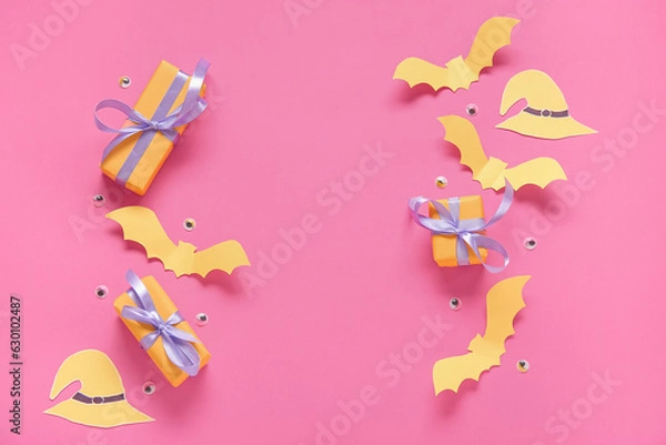 Obraz Composition with beautiful gift boxes and Halloween decor on pink background