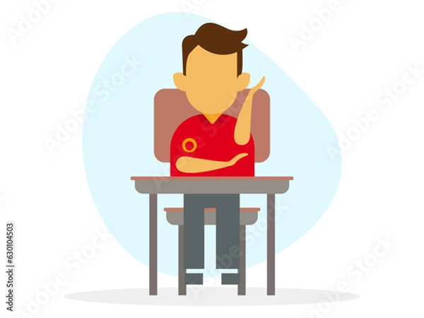 Fototapeta Child sitting at his desk raises his hand to ask for the floor, is a basic or elementary school student, and is in the return to school