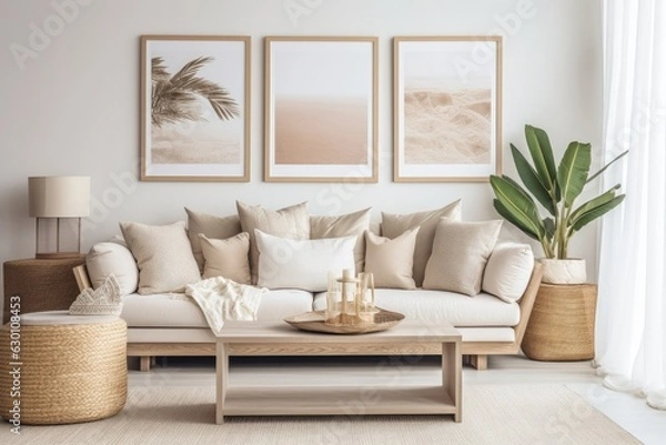 Obraz In a modern home decor setting, there is a fashionable interior that features a design neutral modular sofa, mock up poster frames, a rattan armchair, coffee tables, a vase of dried flowers, various