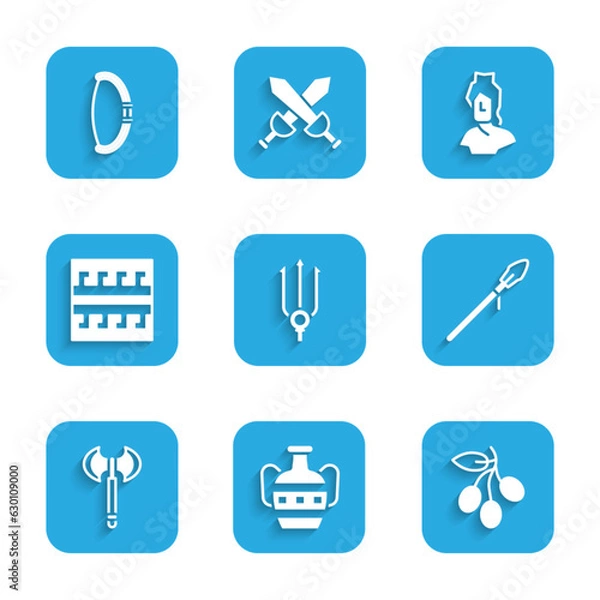 Fototapeta Set Neptune Trident, Ancient amphorae, Olives branch, Medieval spear, axe, Greek pattern, bust sculpture and bow icon. Vector