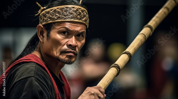 Obraz A strong practitioner of Eskrima wearing a traditional headdress and striking with a stick 