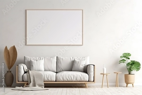 Fototapeta Modern interior with an empty frame. Light living room. Generative AI