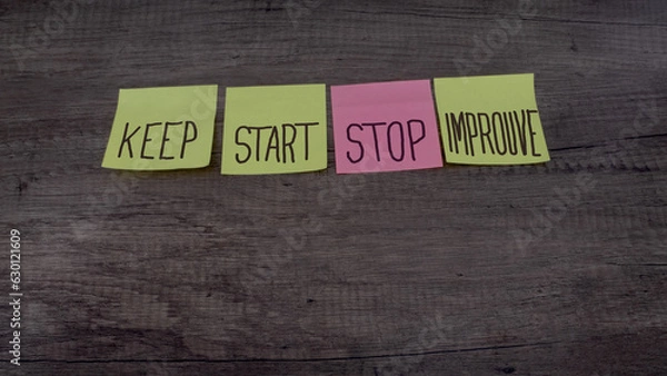 Fototapeta Papiery klejowe z czterema słowami napisanymi „Keep” „Start” „Stop” i „Ulepsz”