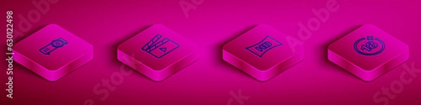 Fototapeta Set Isometric line Movie, film, media projector, clapper, Hd movie, tape, frame and Plus 18 icon. Vector