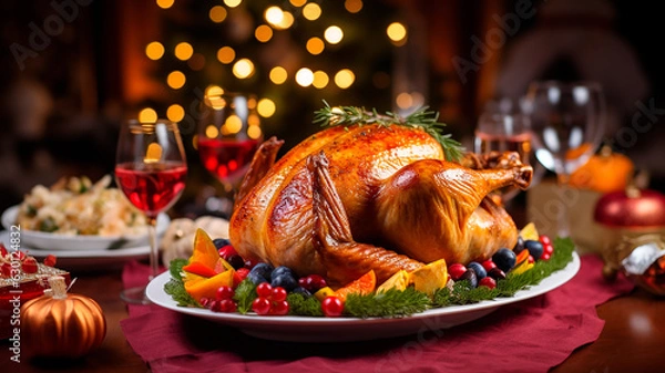 Fototapeta A delicious and inviting Christmas turkey on a table, ready to be carved and served.  