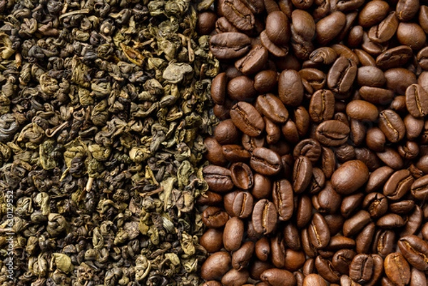 Obraz Background of green tea leaves and coffee beans copy space