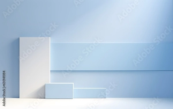 Fototapeta 3d render, abstract background, empty room with blue wall and white podium