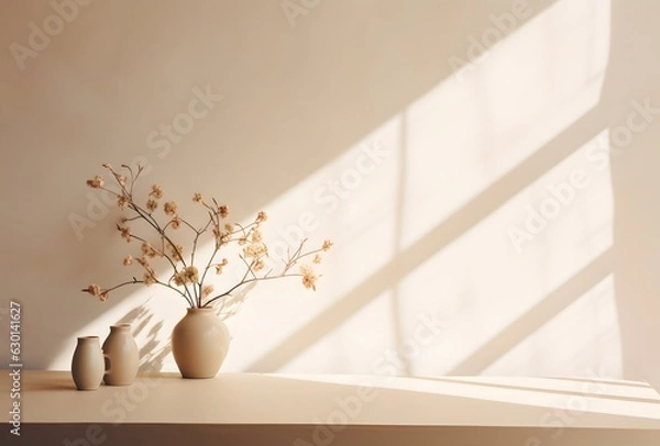 Fototapeta Vase with dried flowers on table in sunlight