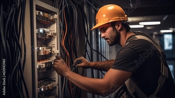 Fototapeta Technician working on an Electrical System.