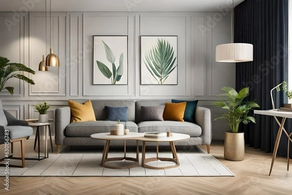 Fototapeta Interior design of cozy living room with stylish sofa, coffee table, dired flowers in vase, mock up poster, carpet, decoration, pillows Ai Generated 