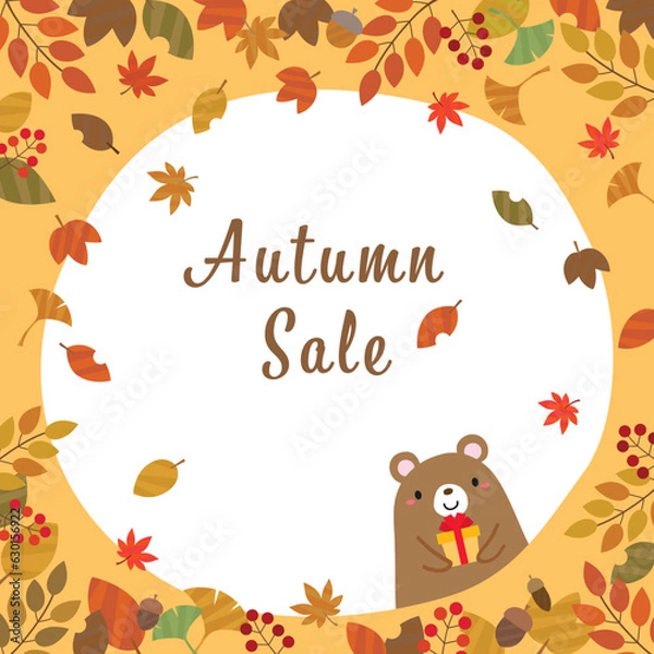 Fototapeta 秋の葉っぱと木の実とくまの正方形 フレーム/オレンジ