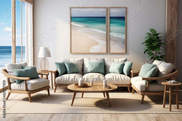 Obraz Coastal living room 2 sets of beige rattan-frame
