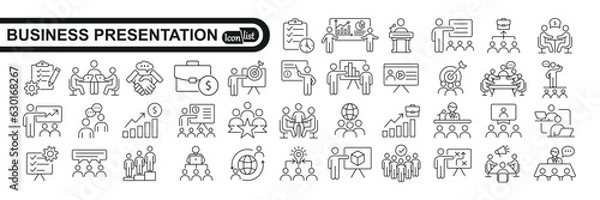 Fototapeta Business presentation line icons set. Presentation, business, seminar, partnership, goals, meeting, whiteboard, conference and business plan icons. Vector illustration