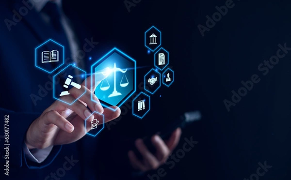 Fototapeta Legal advice for digital technologies, business, finance, intellectual property. Legal advisor, corporate lawyer, attorney service. Laws and regulations. paperwork expert consulting Related Crime Act.