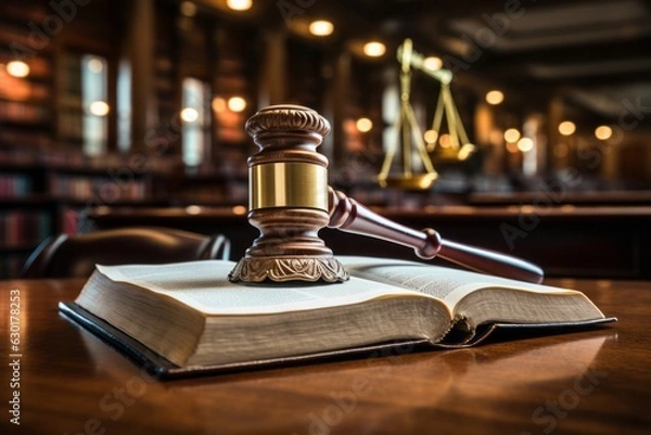 Fototapeta Wooden judge’s gavel and book on a table.  Law books and gavel