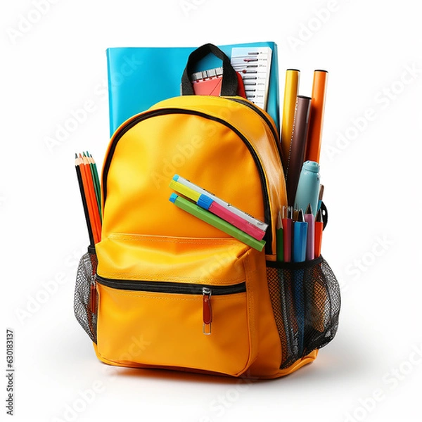 Fototapeta Bright backpack with school stationery isolated on white. Made with generative ai