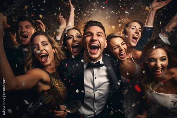 Fototapeta Happy smiling people have fun at a New Year's Eve party. 