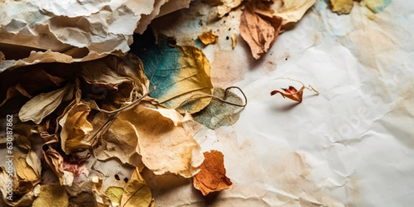 Fototapeta Banner with crumpled paper and dry autumn leaves.