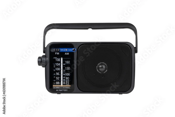 Fototapeta Radio receiver on a white background. Black portable wireless radio close-up isolated on a white background.