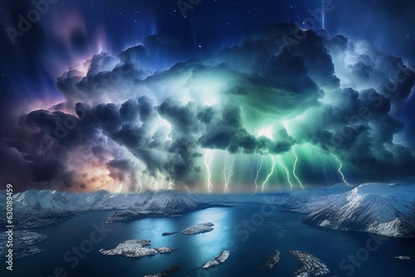 Fototapeta An image of severe storm clouds, lightning, thunderstorms, Northern Lights  in the atmospheres - Generative AI