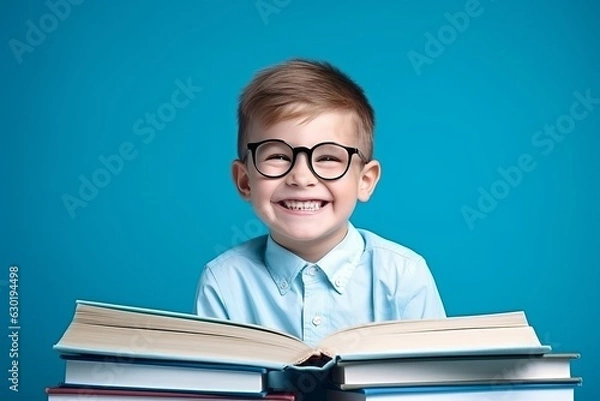 Fototapeta portrait of a happy child little boy with glasses sitting on a stack of books and reading a books, light blue background.