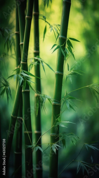 Fototapeta Closeup view of green bamboo stems with leaves and blurred background. Vertical composition. Generative AI