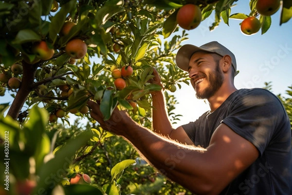 Fototapeta Happy Polynesian Worker Man Harvesting Apples in an Orchard