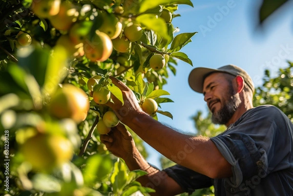 Fototapeta Happy Polynesian Worker Man Harvesting Apples in an Orchard