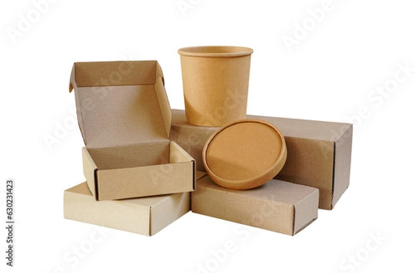 Fototapeta Group or set of  opened and closed cardboard box packaging in rectangle and round shape , delivery package concept
