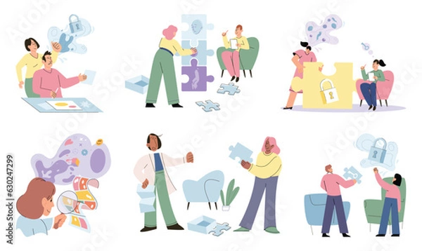 Fototapeta Psychologist and patient with tangled and untangled mind metaphor, doctor solving psychological problems couch consultation, mental health. Online ai therapy. Mental therapy sessions game. Life puzzle