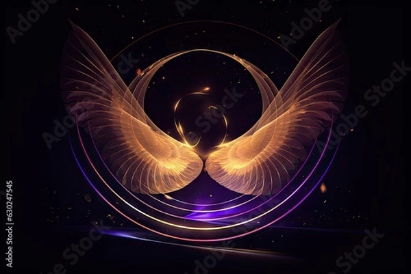 Fototapeta Abstract Art Design with Golden and Purple Swirl Feather Wing and Decorative Lighting on Beautiful Light Background