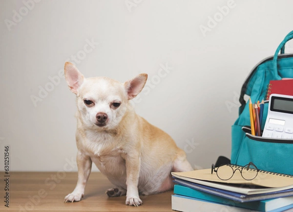 Fototapeta brown chihuahua dog wearing eye glasses, sitting with stack of books with eyeglasses on it and school backpack on wooden floor and white background. Back to school