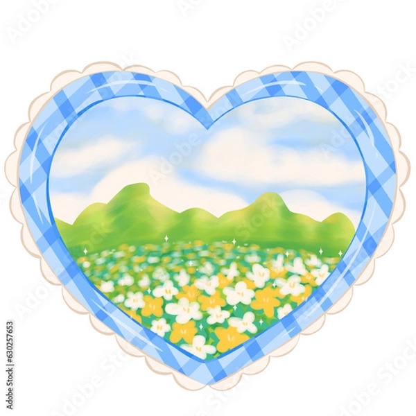 Obraz Mirror heart shaped reflect the image of sky, cloud, mountain and field of flowers 