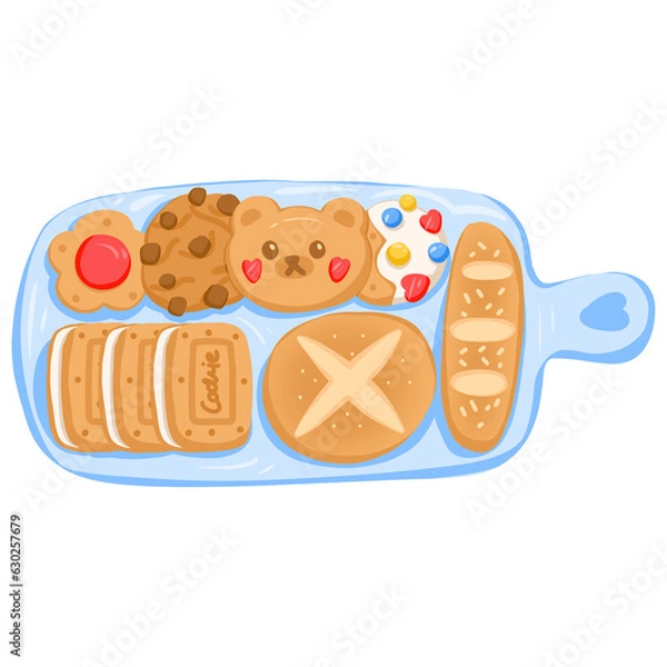 Obraz Cookies and breads on blue cutting board for picnic or party 