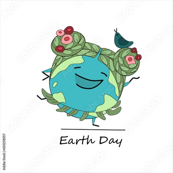 Fototapeta dancing character in the image of a planet. Hairstyle with woven flowers and a singing bird in the hair.