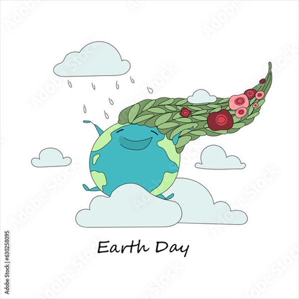 Fototapeta Cheerful character in the image of the planet. Sits on clouds and bathes in raindrops.