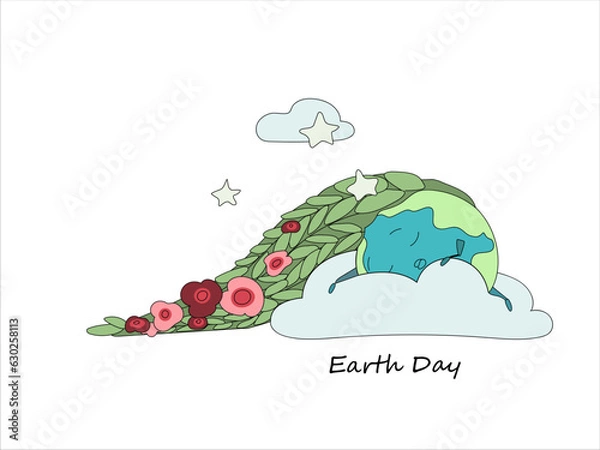 Fototapeta Character in the form of a planet. Sleeping on the clouds. She loosened her hair with woven flowers. Shining stars around.