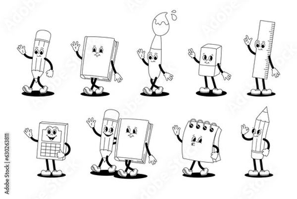 Obraz Vector set with cartoon retro mascots monochrome illustrations of walking stationery - pencil, book, brush and notebook. Vintage style 30s, 40s, 50s old animation. Stickers isolated on white backgroun