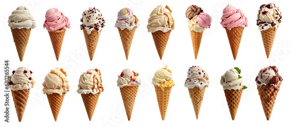 Fototapeta collection of delicious ice cream in waffle cone, isolated on transparent background cutout - png - different flavors mockup for design - image compositing footage - alpha channel