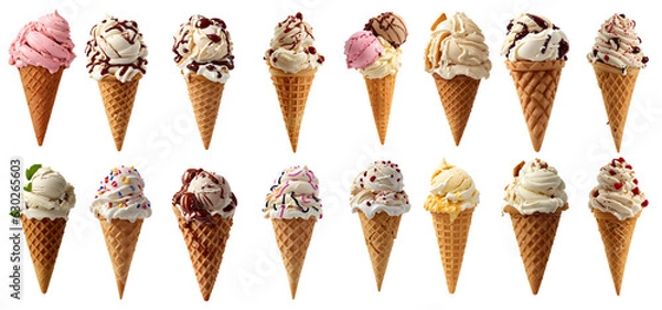 Fototapeta set of delicious ice cream in waffle cone, isolated on transparent background cutout - png - different flavors mockup for design - image compositing footage - alpha channel