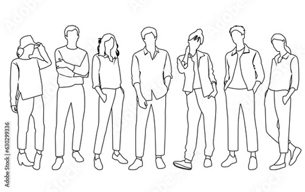Fototapeta Vector silhouettes of  men and a women, a group of standing  business people,  linear sketch, black and white color isolated on white background