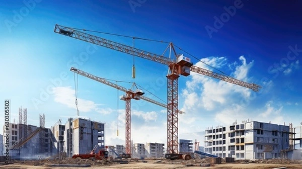 Fototapeta Crane and building construction site on blue sky background