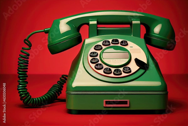 Fototapeta Generative AI antique green telephone on a red background