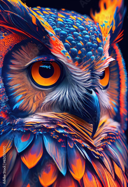Fototapeta Generative AI illustration of an orange and blue owl looking away, very close up close up