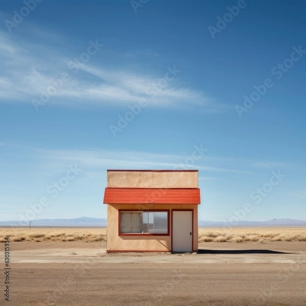 Fototapeta An abandoned red white colored store in the desert 
