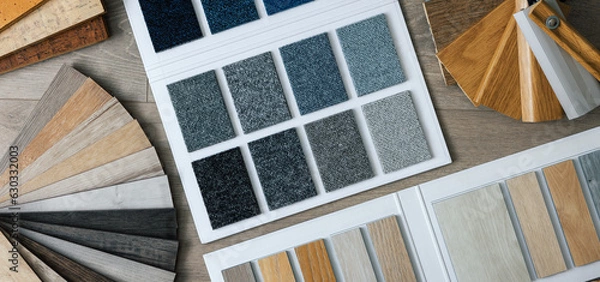 Fototapeta flooring material and skirting samples. carpet, laminate, vinyl. top view