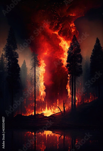 Fototapeta Generative AI illustration of a flames burning in the forest at night in summertime